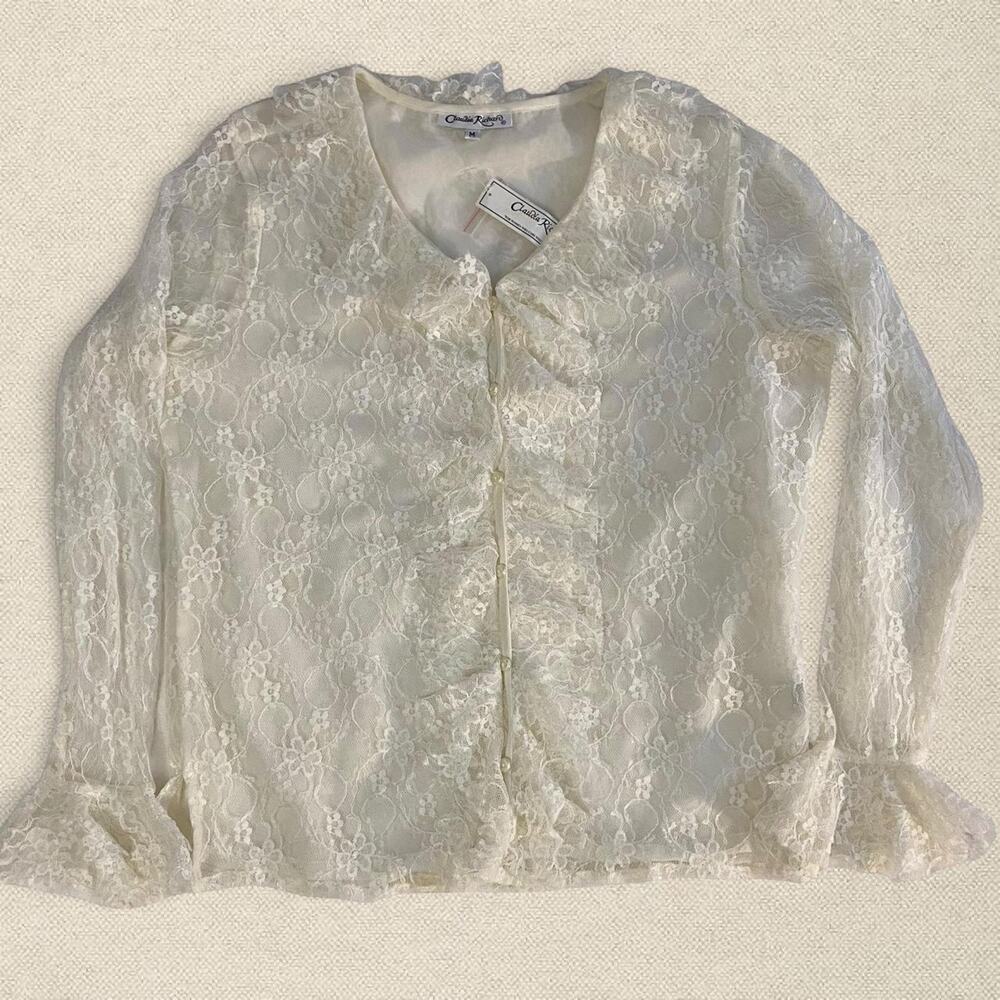 BNWT Ivory Lace Blouse Button Up w Ruffle Sleeves Claudia Richards